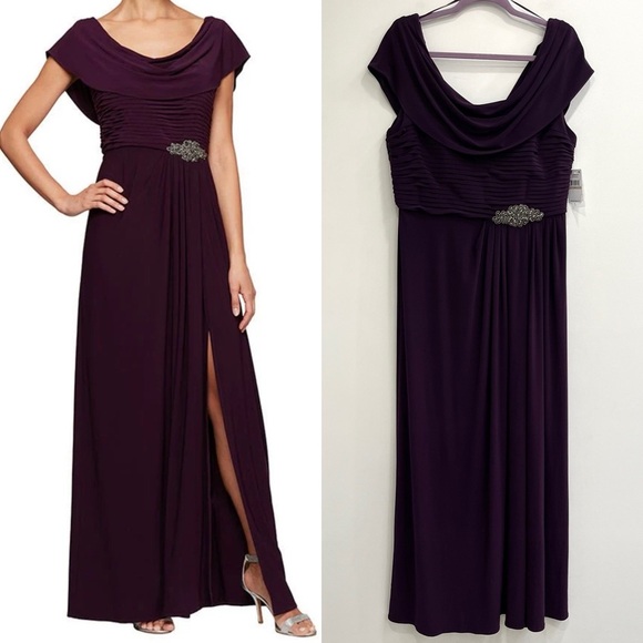 Alex Evenings Cowl Neck Matte Jersey Dress Pleated Bodice Embellishment Detail - Picture 1 of 11